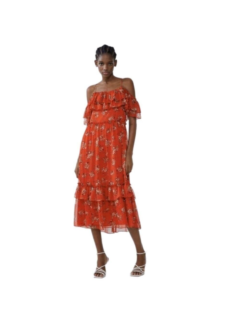 ZARA Red Floral Off The Shoulder Ruffled Tiered Chiffon Midi Dress Size XS